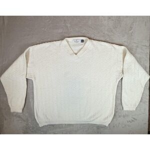Vtg Bill Blass Sweater Mens XL White V Neck Cotton Herringbone Knit Pullover USA